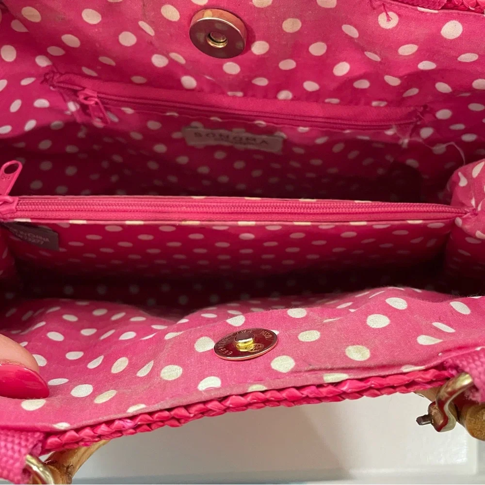 Vintage-Inspired Sonoma Pink Straw Bag | Bamboo Handles + Polka Dot Lining - Picture 2 of 4